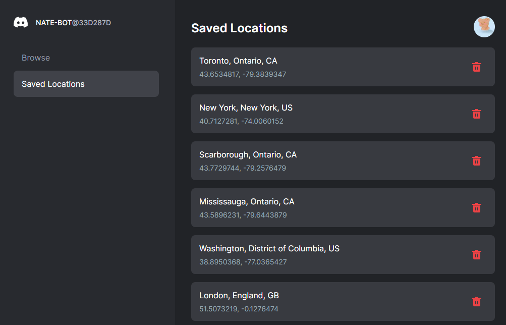 Saved Locations Page